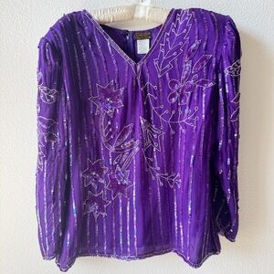 Eve's Allure Vintage Purple Silk Sequin Embellished Blouse Size XL